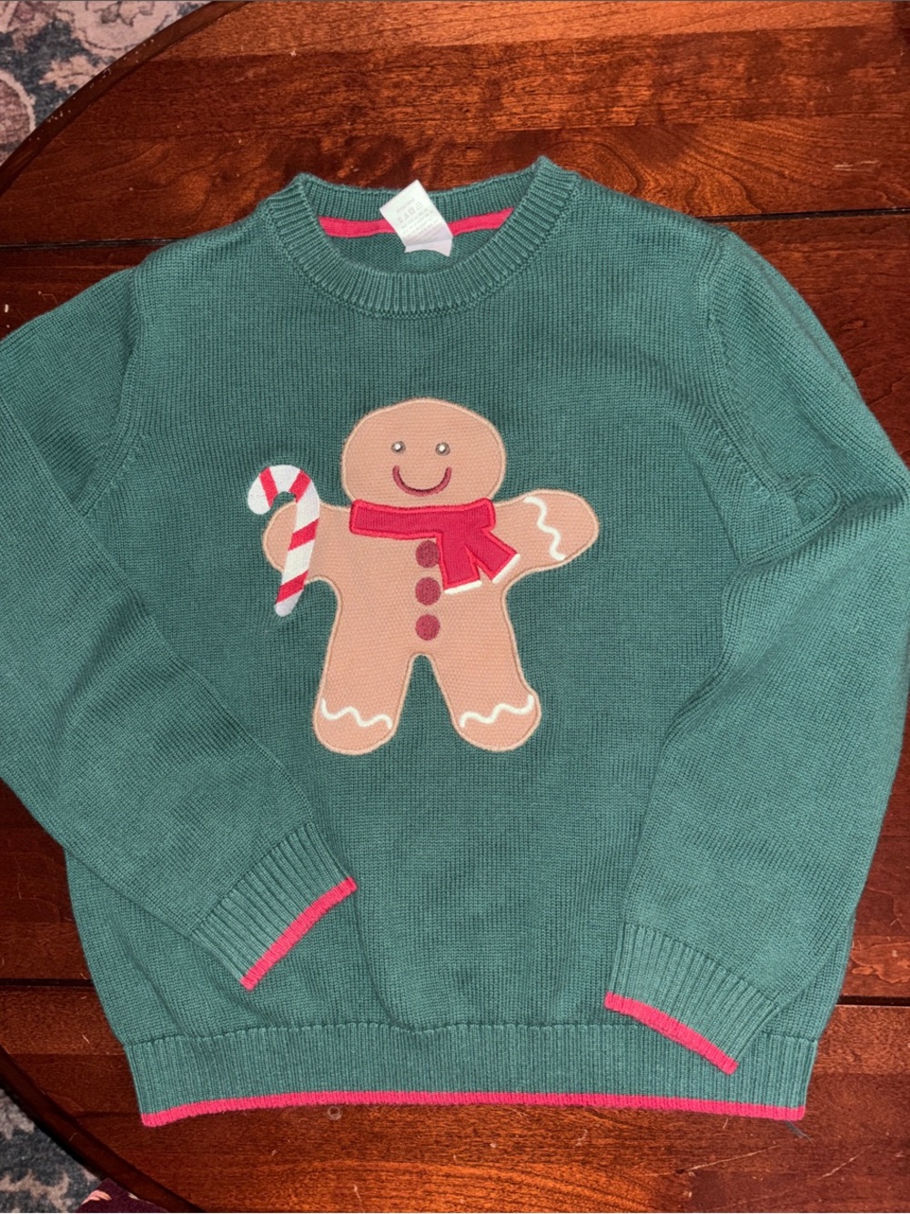 Gymboree Teal Crewneck Sweater with Gingerbread Applique and Red Trim Size 8